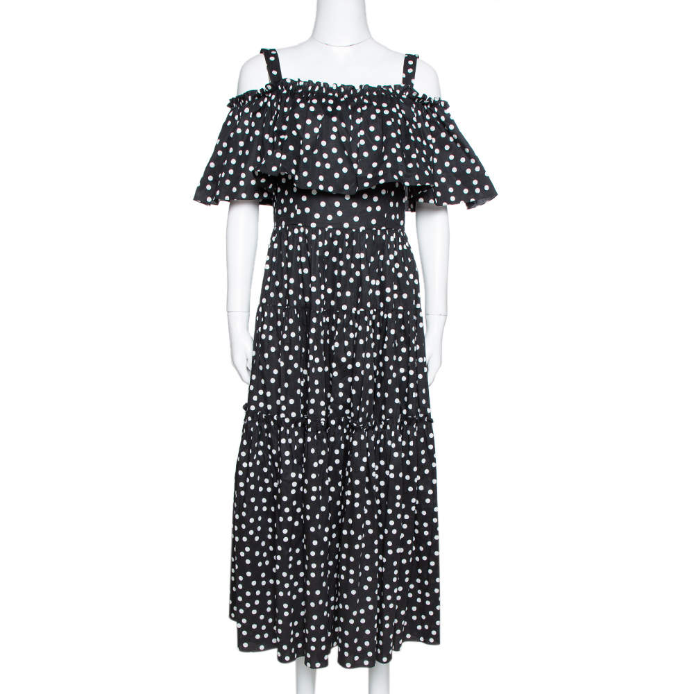 Pre Owned Dolce & Gabbana Black Pois Print Cotton Tiered Maxi Dress M