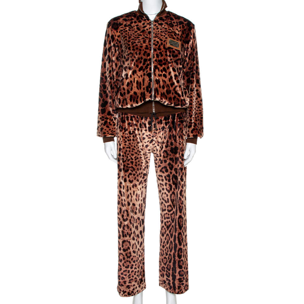 Pre Owned Dolce & Gabbana Brown Leopard Print Velvet Pants And Jacket Set M