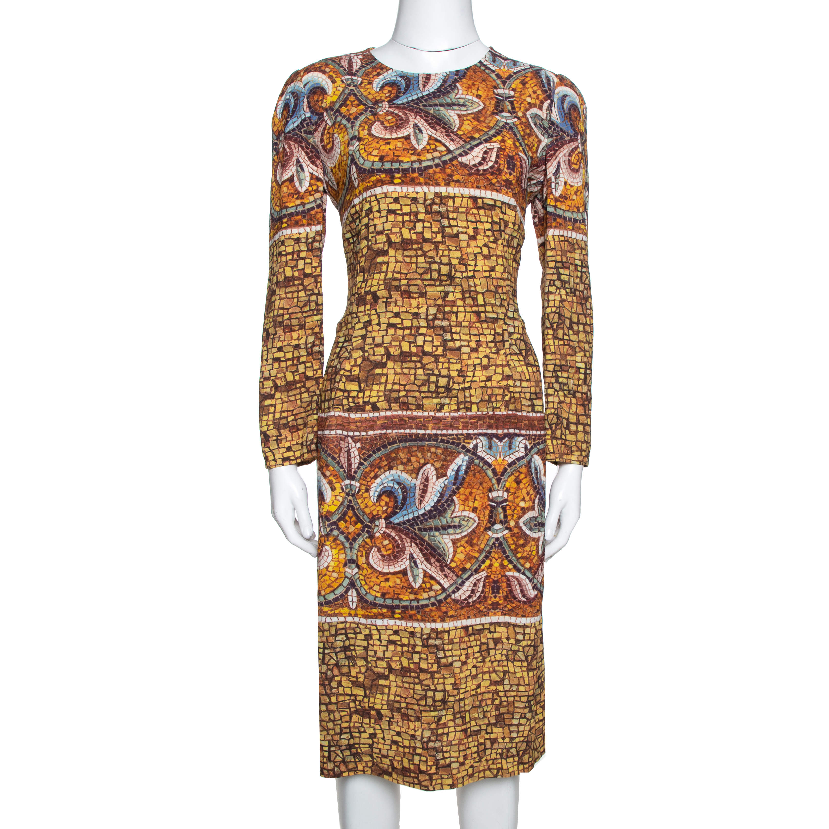 Pre Owned Dolce & Gabbana Yellow Mosaic Print Crepe Sheath Dress L