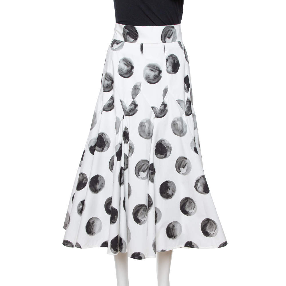 Pre Owned Dolce & Gabbana White Polka Dot Print Cotton Flared Skirt S