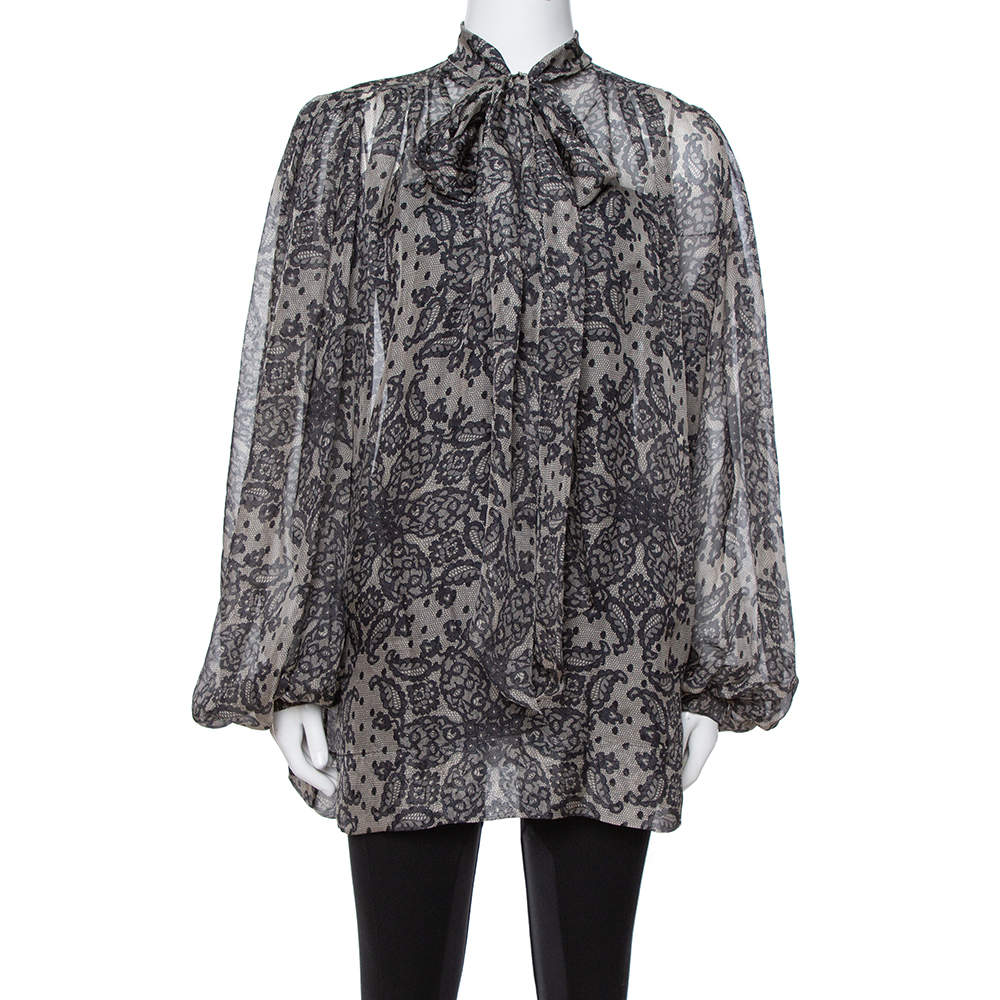 Pre Owned Dolce & Gabbana Grey Paisley Print Silk Bow Tie Blouse M