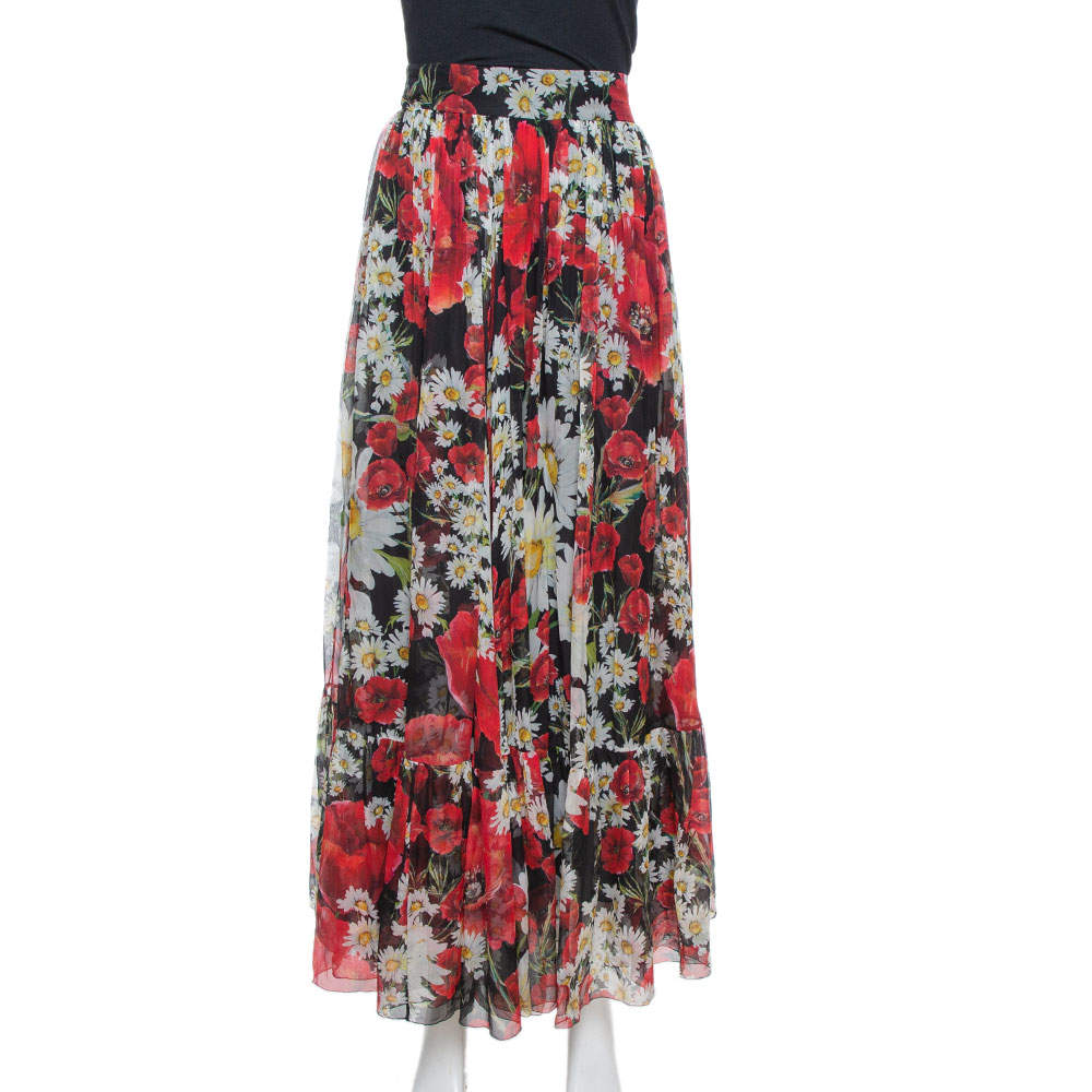 مملوكة مسبقًا Dolce & Gabbana Black Floral Print Silk Gathered Maxi Skirt L