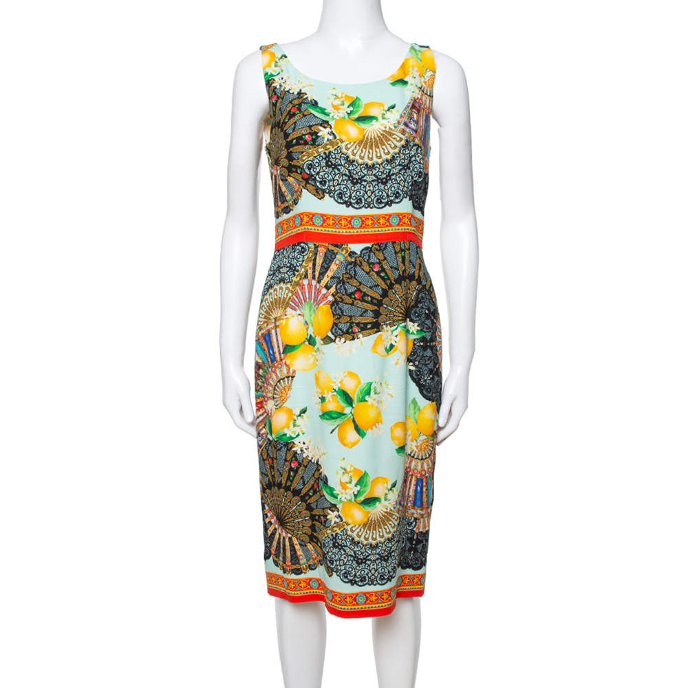 Pre Owned Dolce & Gabbana Multicolor Lemon Print Silk Crepe Sheath Dress M