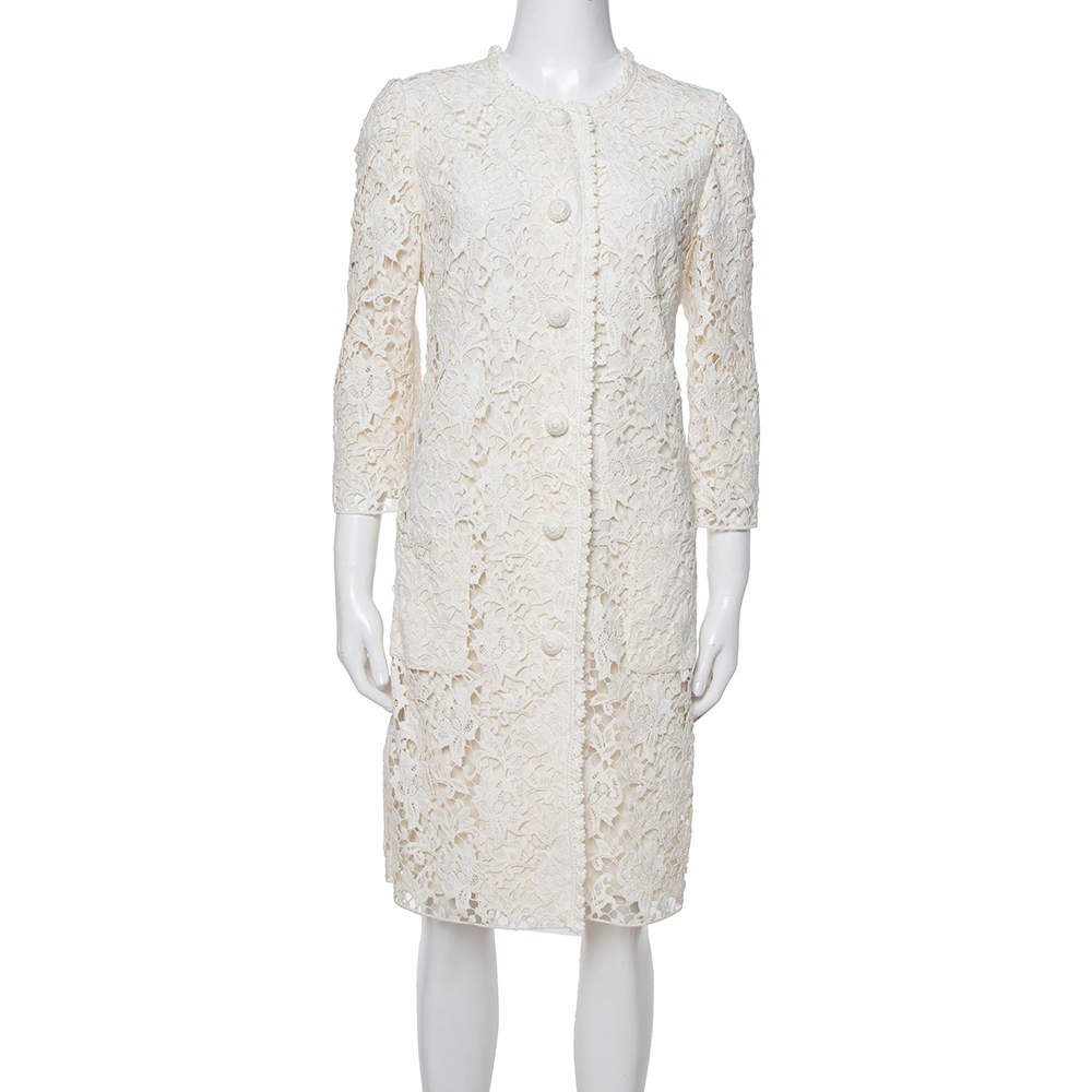 Dolce & Gabbana Off White Floral Lace Button Front Coat M