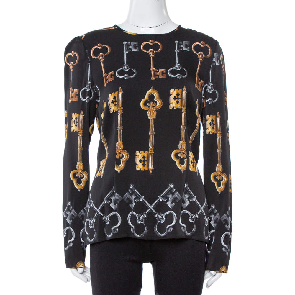 Dolce & Gabbana Black Key Print Silk Long Sleeve Blouse L