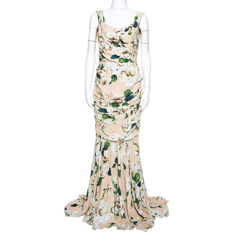Pre Owned Dolce & Gabbana Cream Floral Print Crepe Ruched Gown M