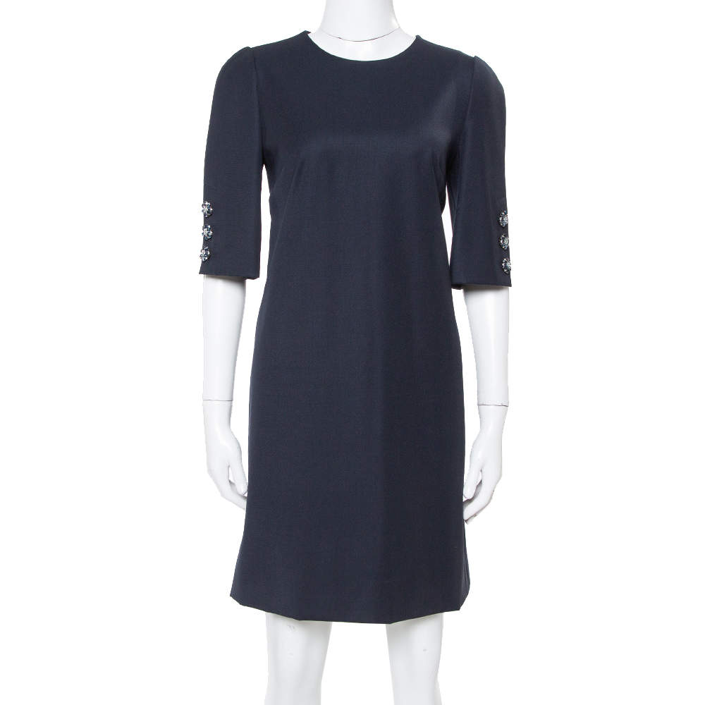 Pre Owned Dolce & Gabbana Navy Blue Wool Gabardine Shift Dress M