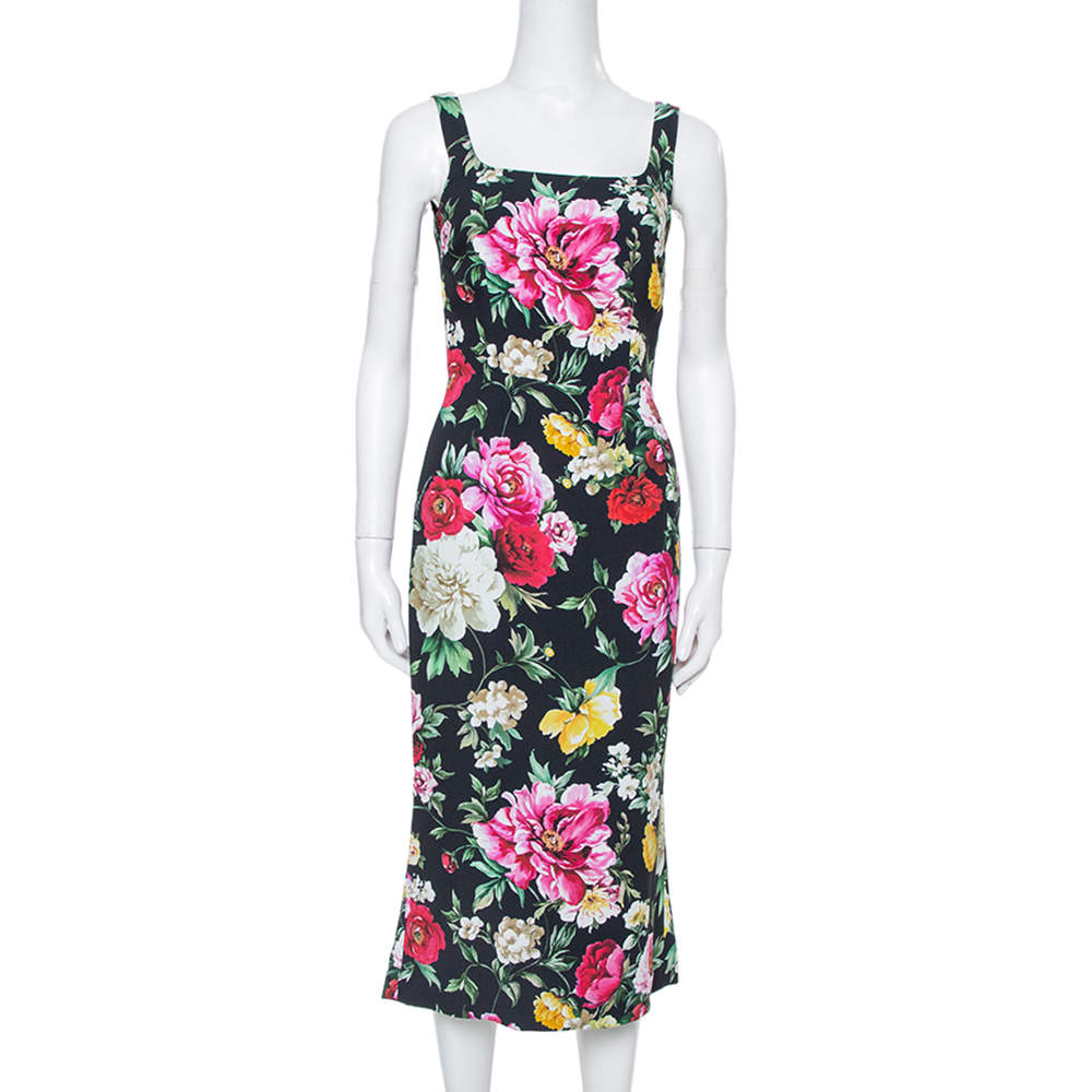 مملوكة مسبقًا Dolce & Gabbana Black Floral Printed Crepe Sleeveless Midi Dress S