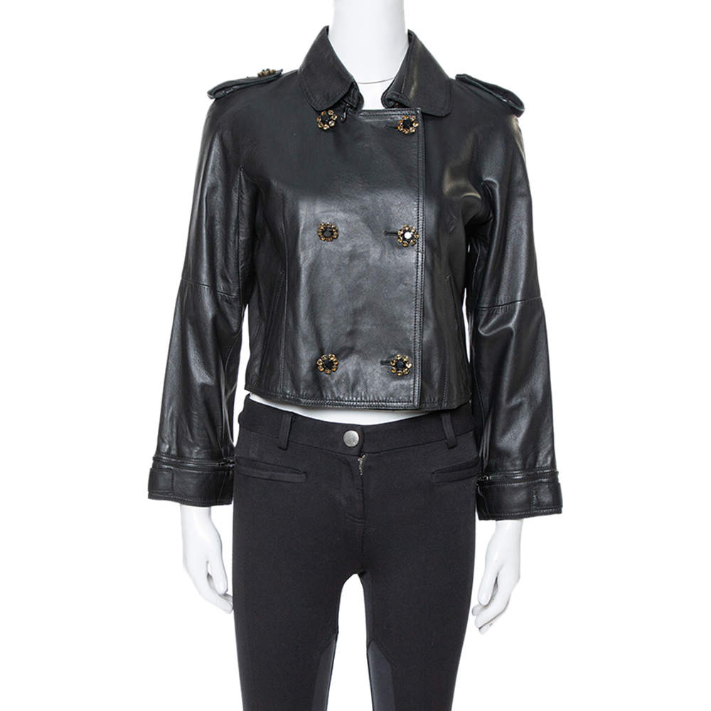 مملوكة مسبقًا Dolce & Gabbana Black Leather Detachable Collar Detail Jacket S 