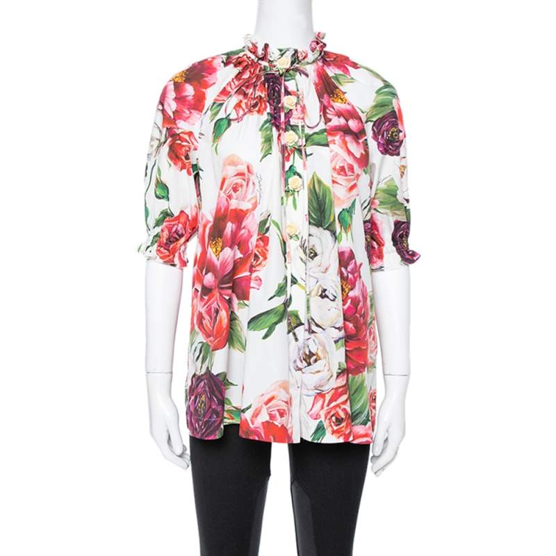 Pre Owned Dolce & Gabbana White Peony Printed Cotton Ruched Detail Oversized Blouse S