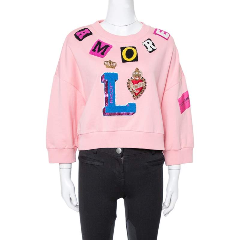 Pre Owned Dolce & Gabbana Pink Knit Amore Applique Cropped Sweatshirt S