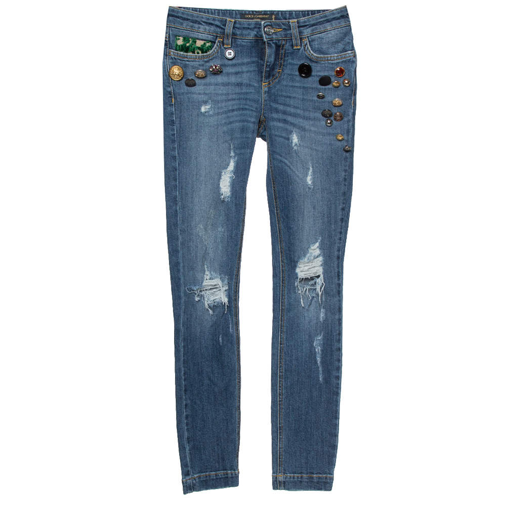 Pre Owned بنطلون جينز دولتشي أند غابانا دينم أزرق ممزق مزخرف مقاس صغيرجدًا - إكس سمول