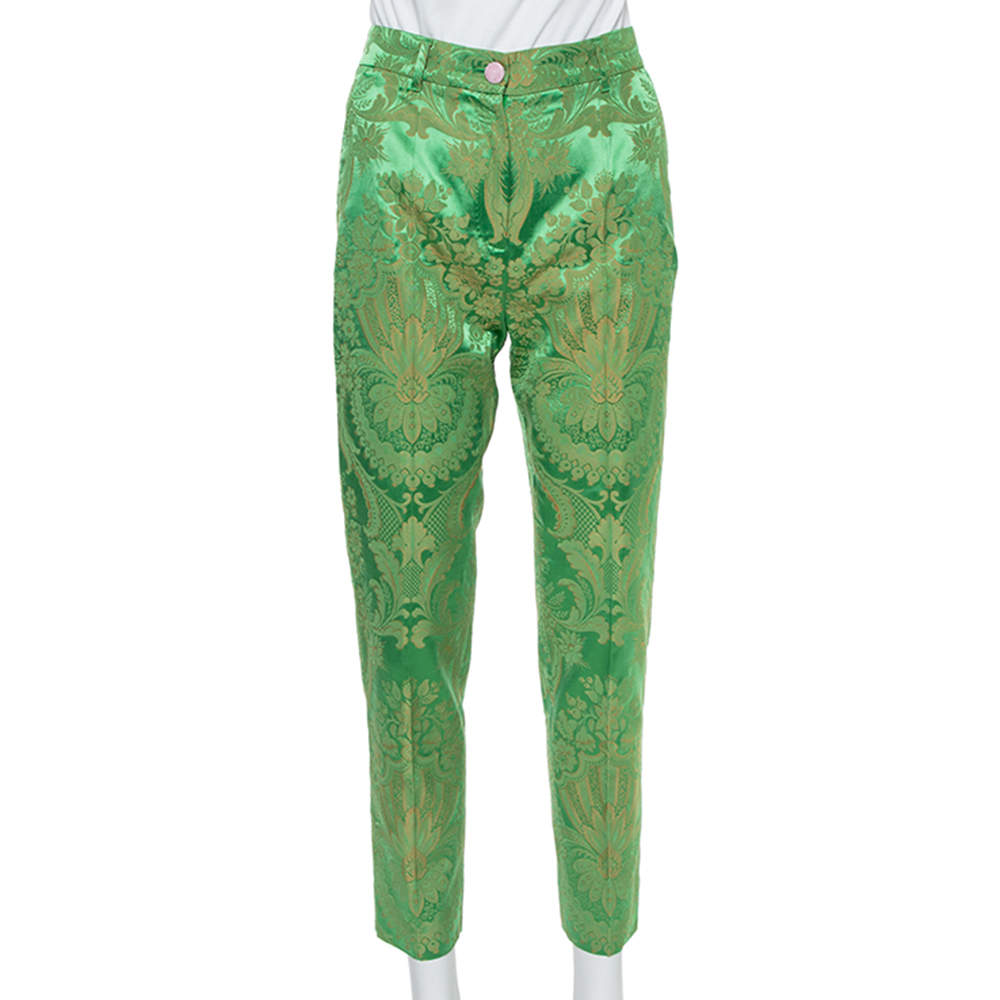 Pre Owned Dolce & Gabbana Bright Green & Gold Jacquard Tapered Trousers XS