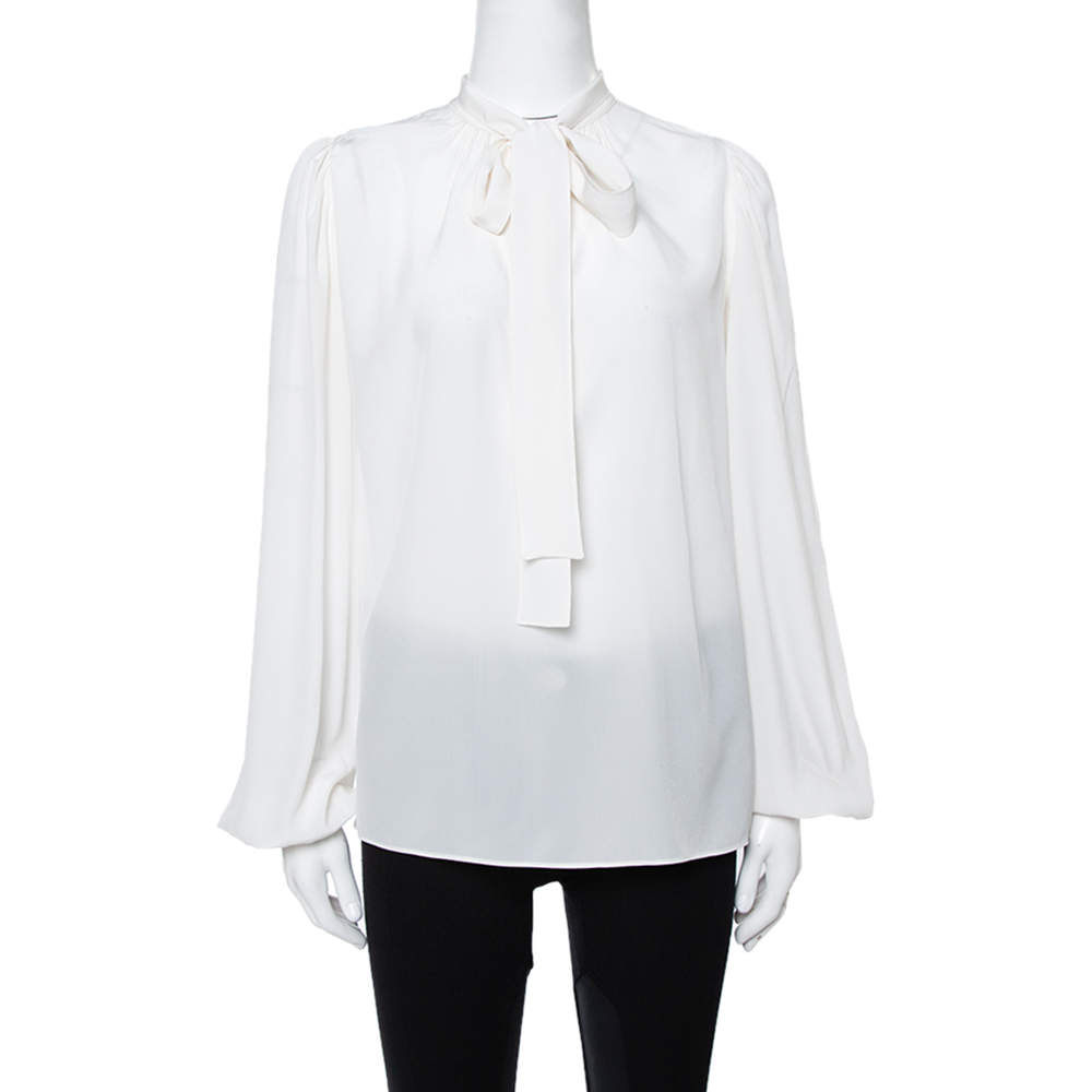 مملوكة مسبقًا Dolce & Gabbana Cream Silk Neck Tie Detail Long Sleeve Blouse S