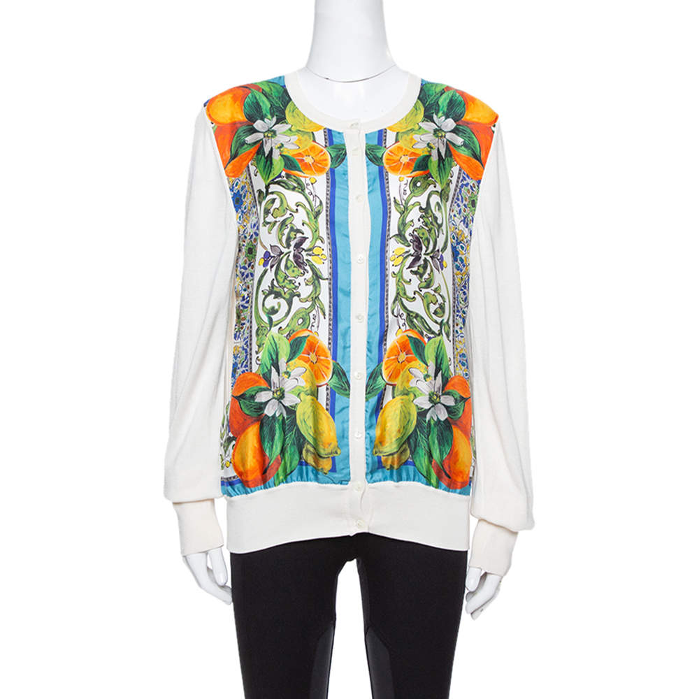 Pre Owned Dolce & Gabbana Off White Majolica Print Silk Button Front Cardigan L
