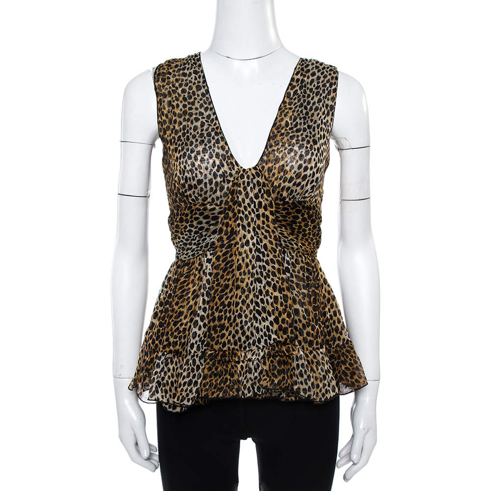 Pre Owned Dolce & Gabbana Brown Animal Print Ruffle Detail Sleeveless Top M