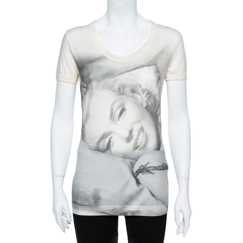 Pre Owned Dolce & Gabbana Cream Marilyn Monroe Print Cotton Jersey T-Shirt M