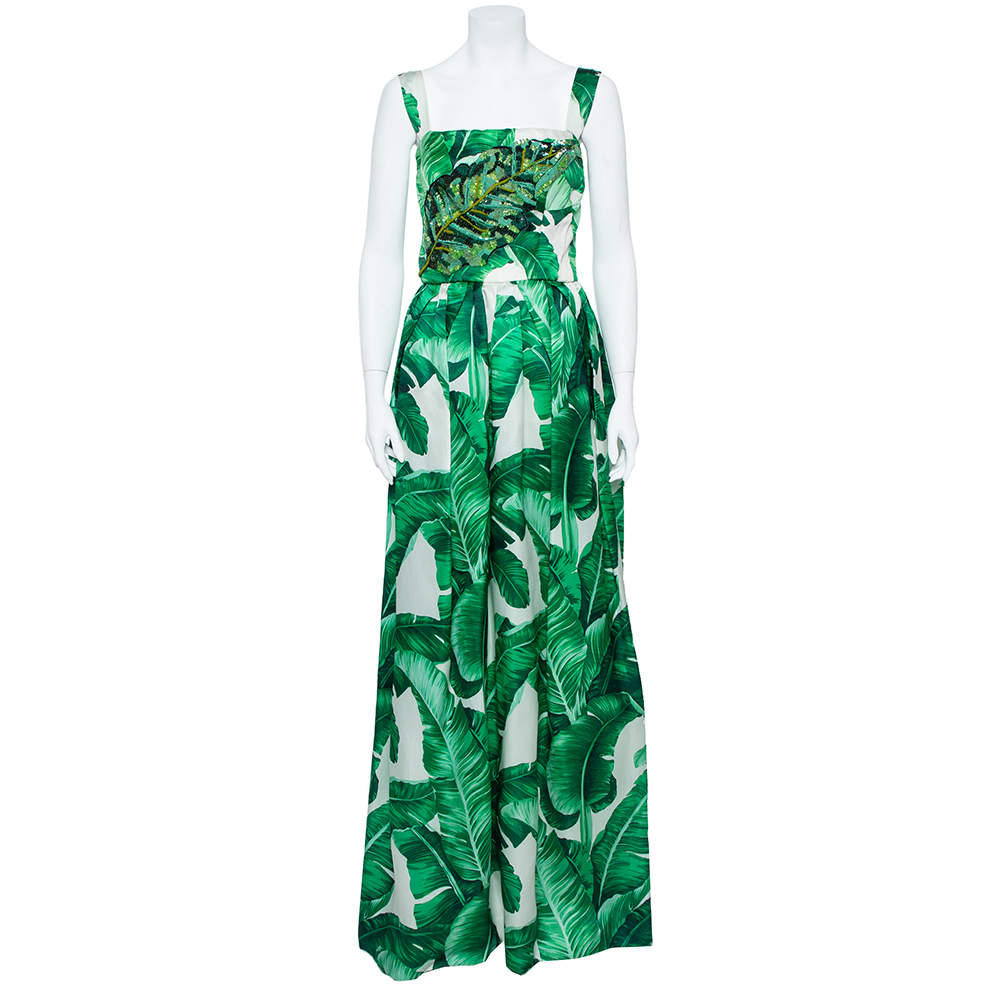 Dolce & Gabbana Green & White Palm Leaf Print Silk Embellished Gown M