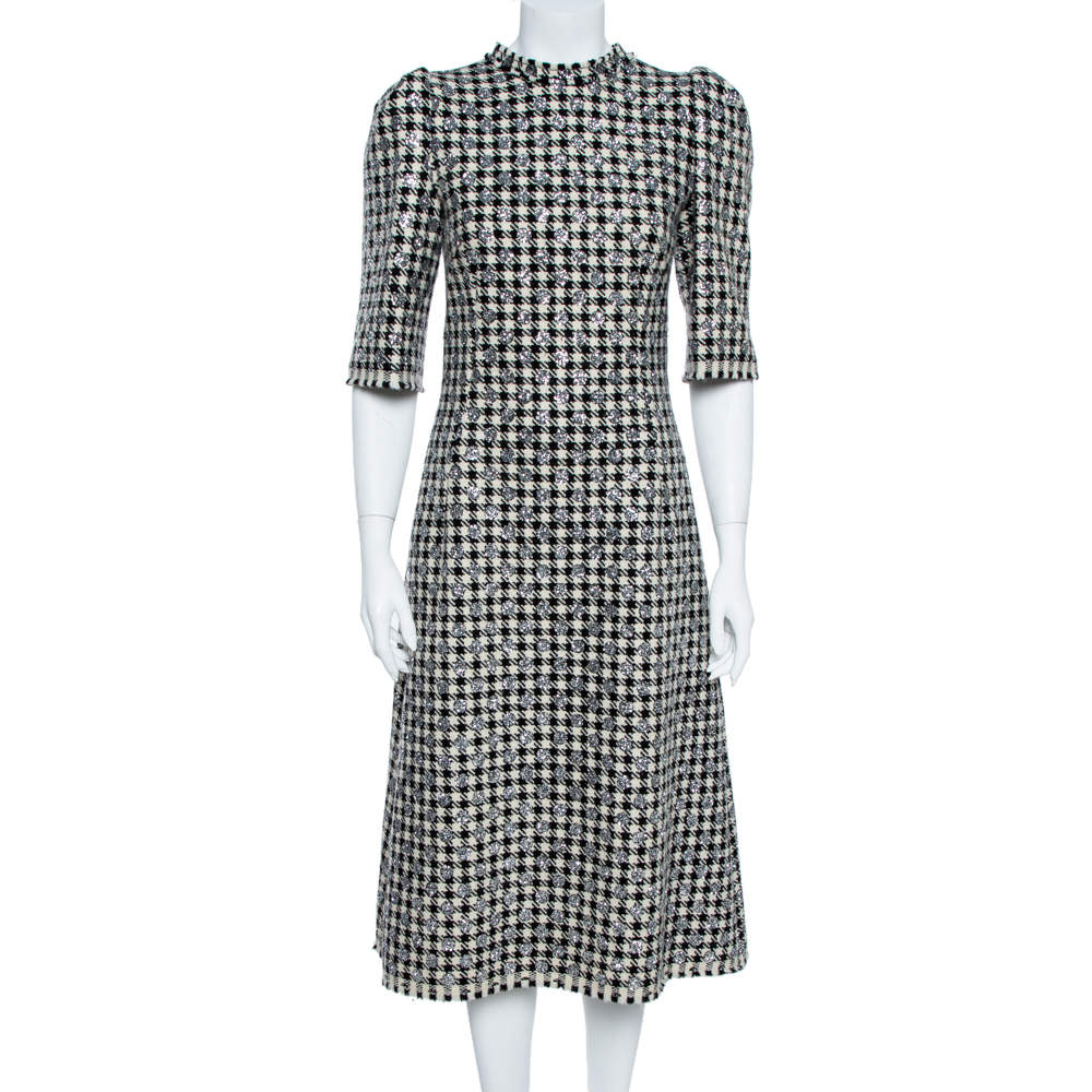 Pre Owned Dolce & Gabbana Black/White Houndstooth Tweed Blend Glitter Detail Midi Dress M