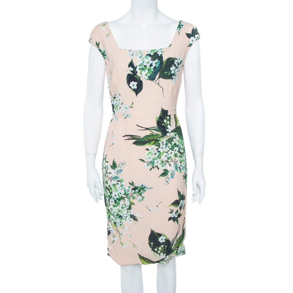 Pre Owned Dolce & Gabbana Pale Pink Hortensia Print Sleeveless Sheath Dress S