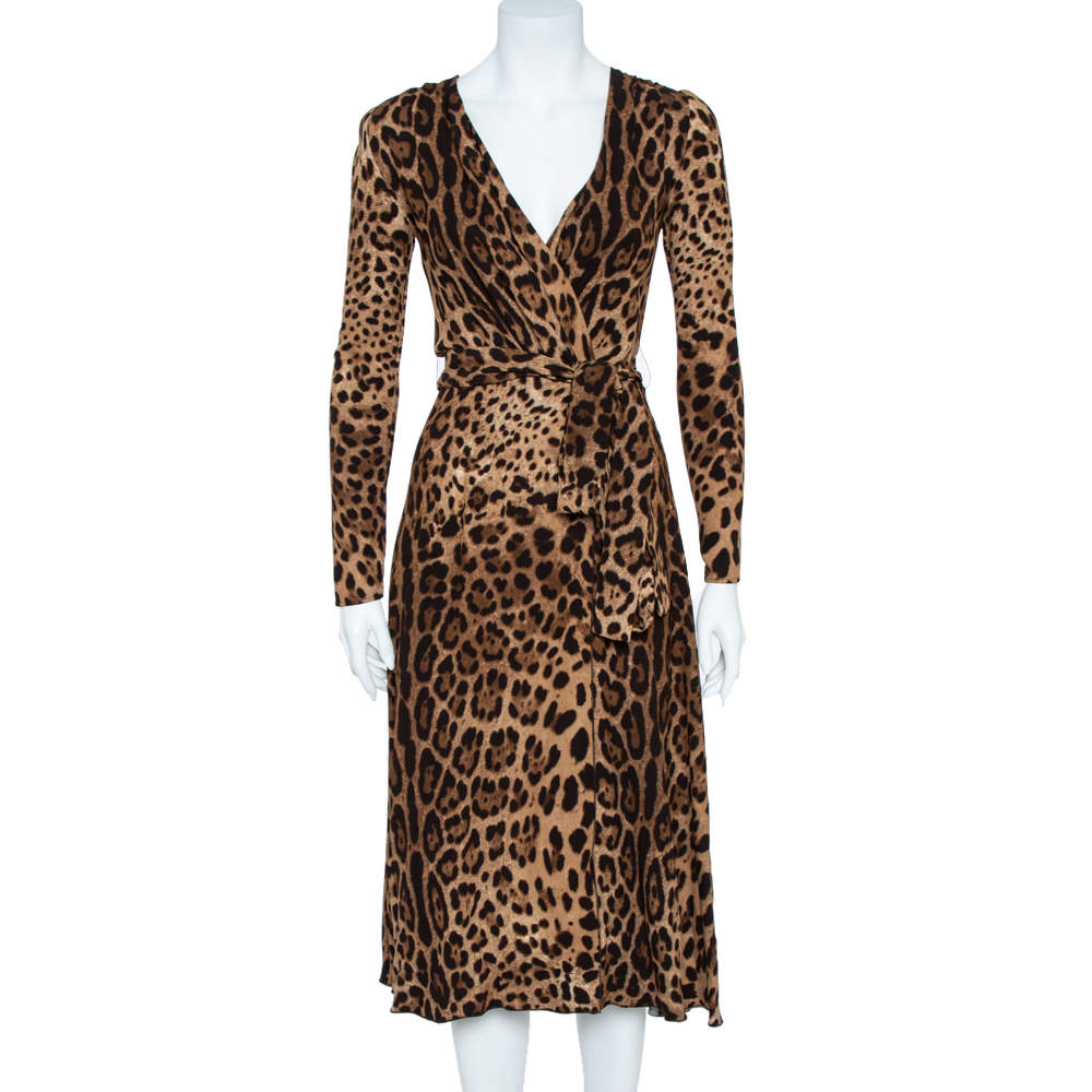 Dolce & Gabbana Brown Leopard Print Wrap Effect Midi Dress XS