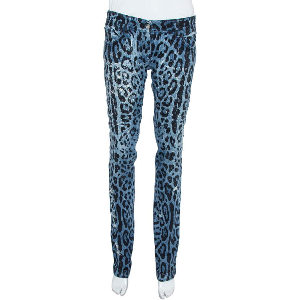 Dolce & Gabbana Blue Animal Print Dark Wash Straight Leg Jeans S