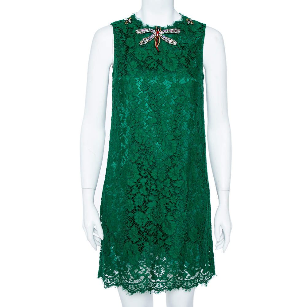 مملوكة مسبقًا Dolce & Gabbana Green Lace Dragonfly Embellished Sleeveless Shift Dress S 