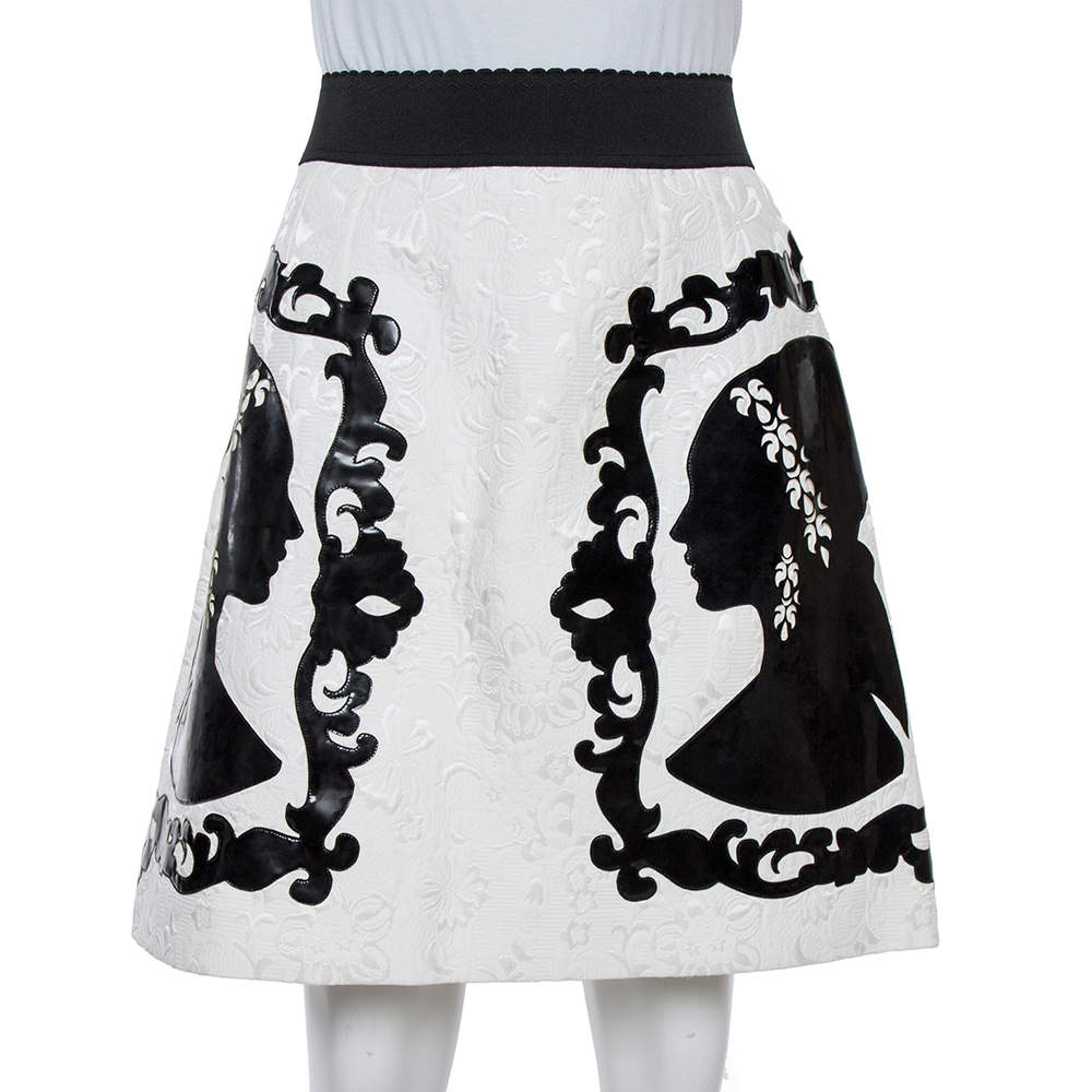 Pre Owned Dolce & Gabbana Monochrome Portrait Appliqué Brocade Skirt M
