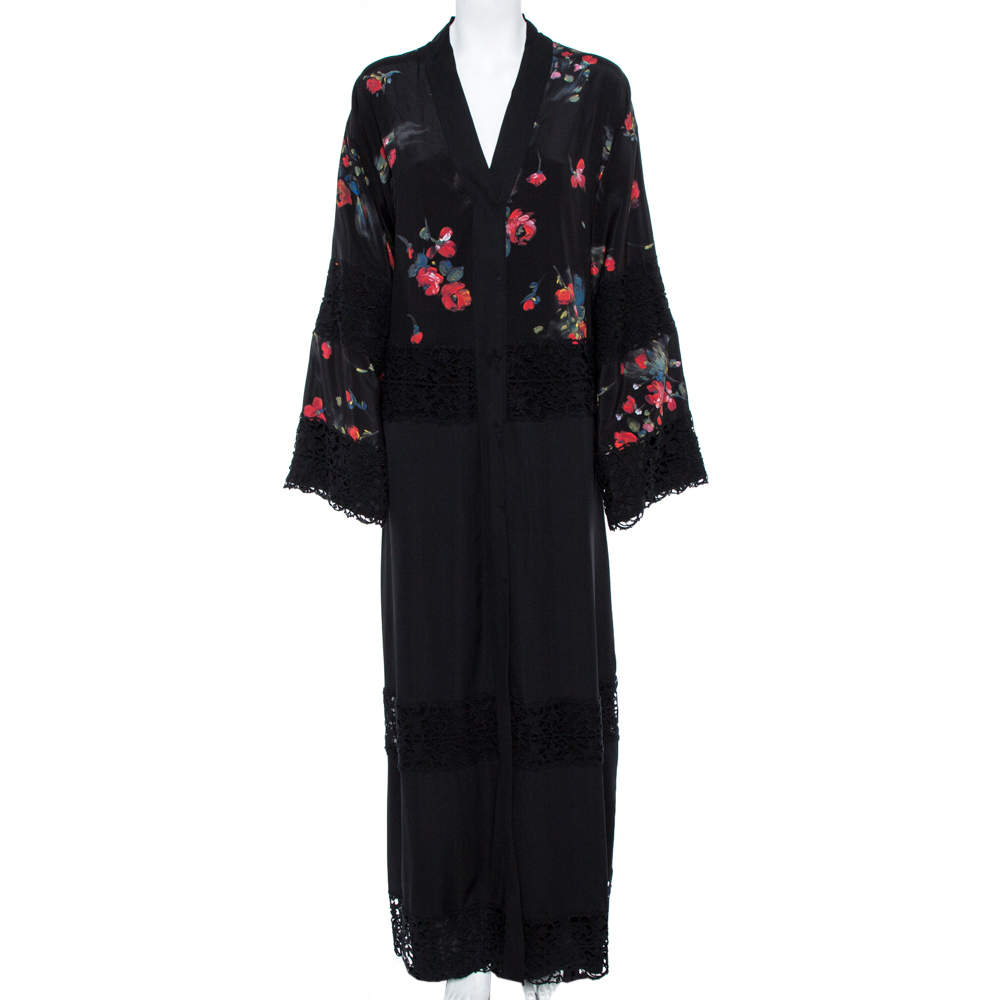 Dolce & Gabbana Black Floral Print Silk Lace Trim Abaya S