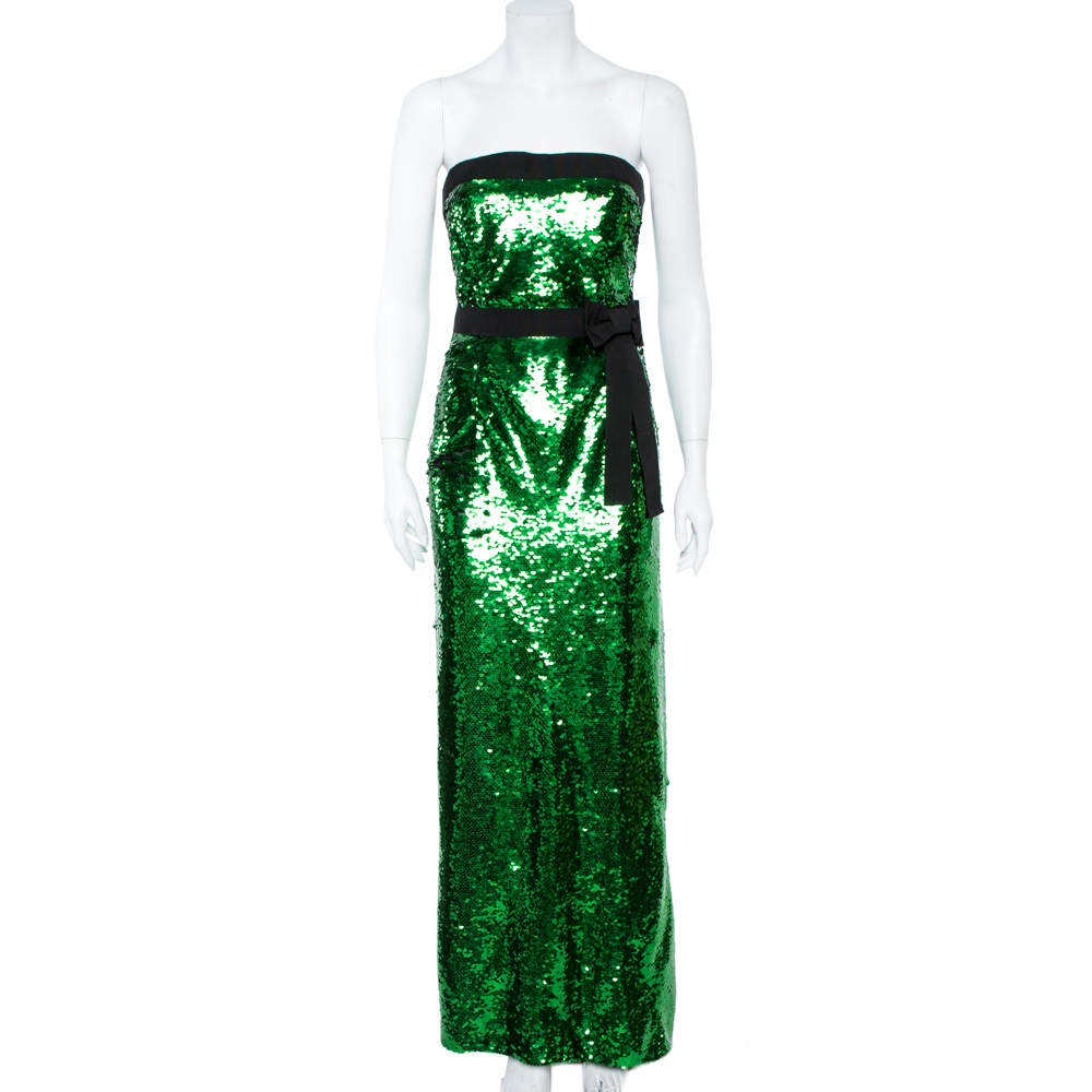 Pre Owned Dolce & Gabbana Green Sequined Strapless Maxi Dress M