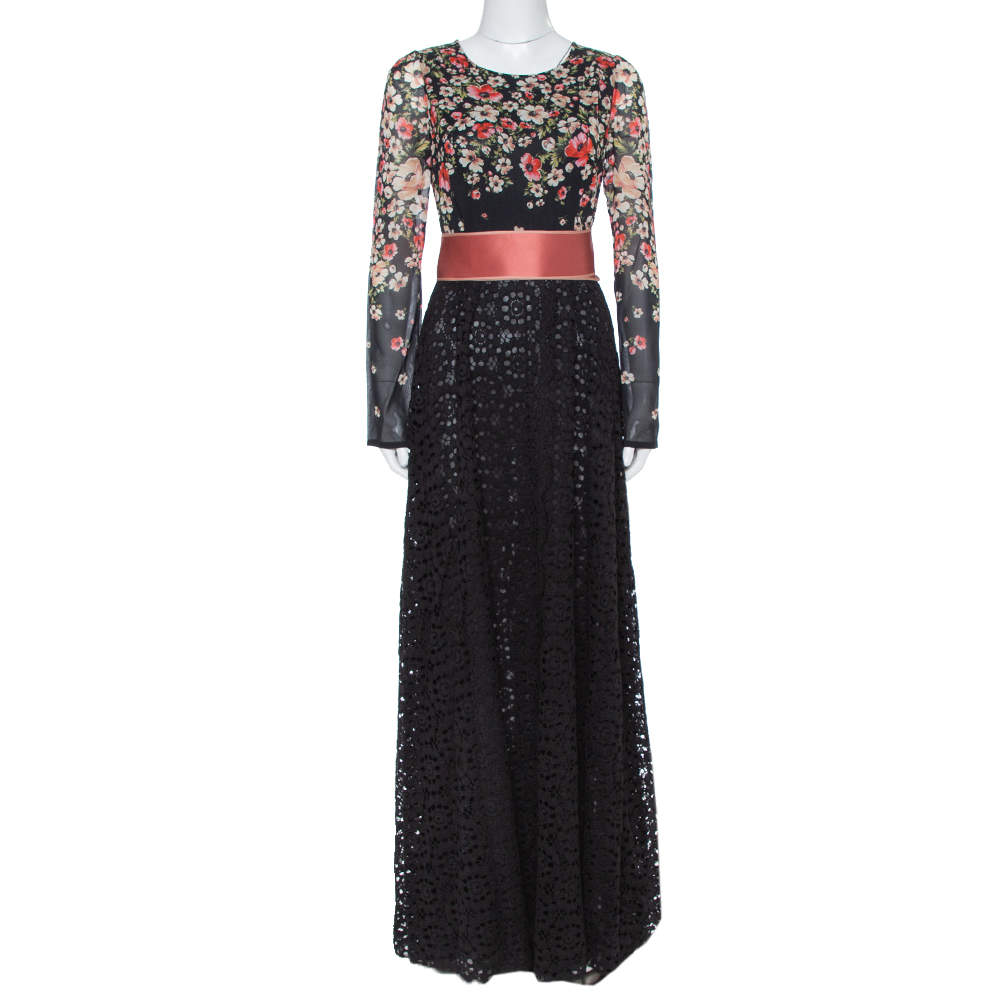 Dolce & Gabbana Black Floral Printed Chiffon & Lace Trim Maxi Dress M ...