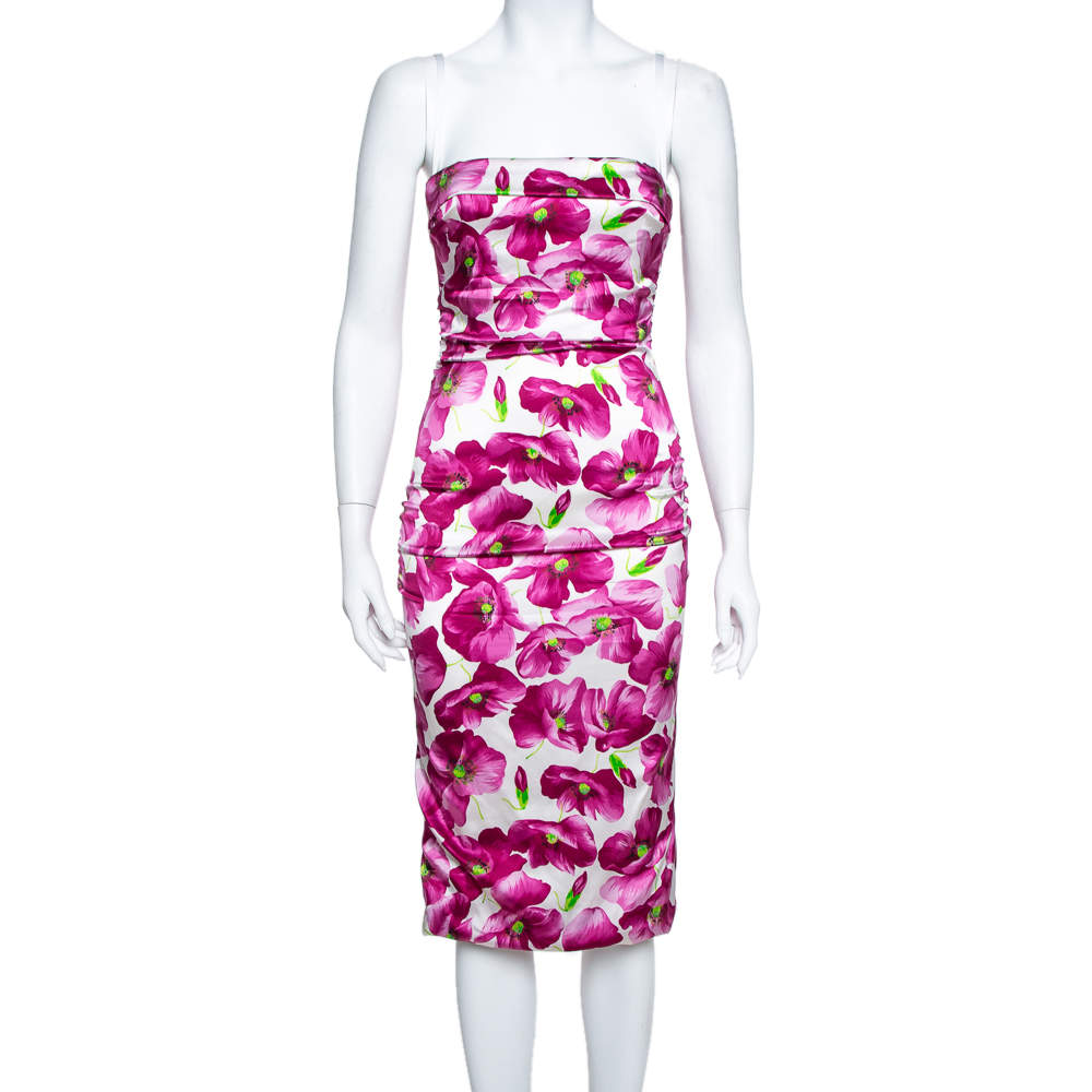 مملوكة مسبقًا Dolce & Gabbana Purple Floral Printed Silk Satin Ruched Midi Dress M