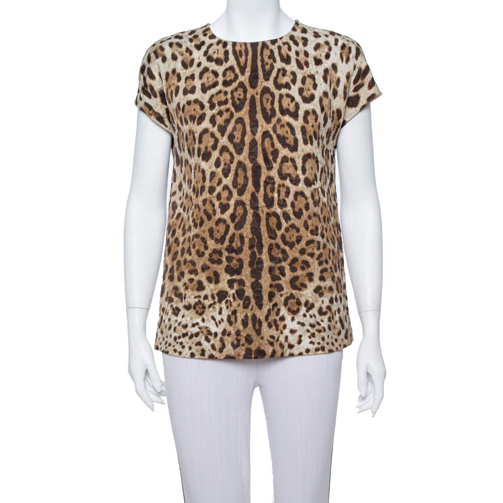 Dolce and Gabbana Brown Leopard Print Jacquard Boxy Fit Blouse S