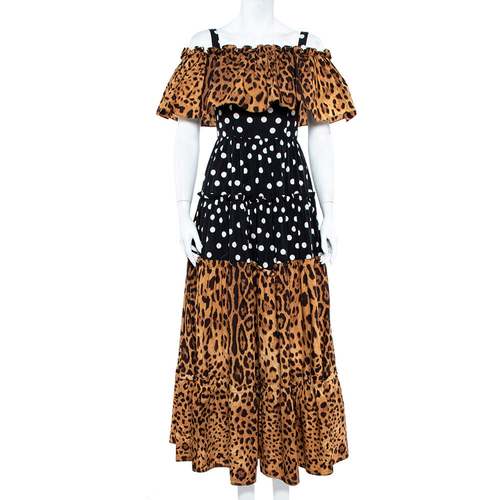 Pre Owned فستان دولتشي أند غابانا قطن نقشة الفهد ونمط منقط ثنائي اللون مقاس صغير - سمول
