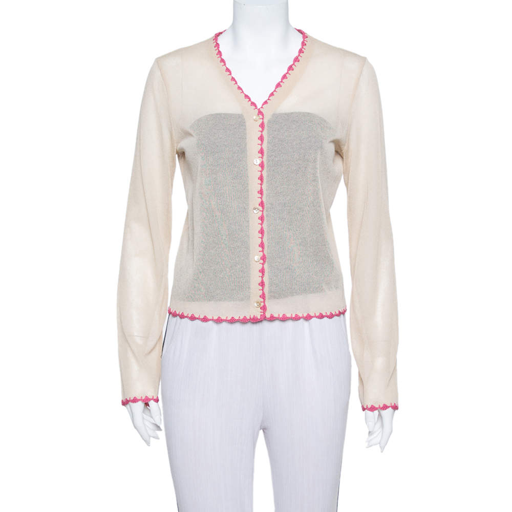 Pre Owned Dolce & Gabbana Vintage Beige Knit Contrast Trim Crochet Button Front Cardigan L