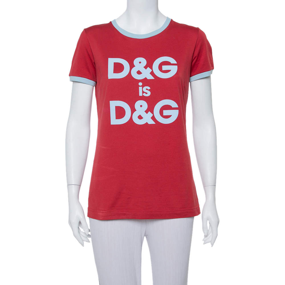Pre Owned Dolce & Gabbana Red Logo Printed Cotton Contrast Detail T Shirt S