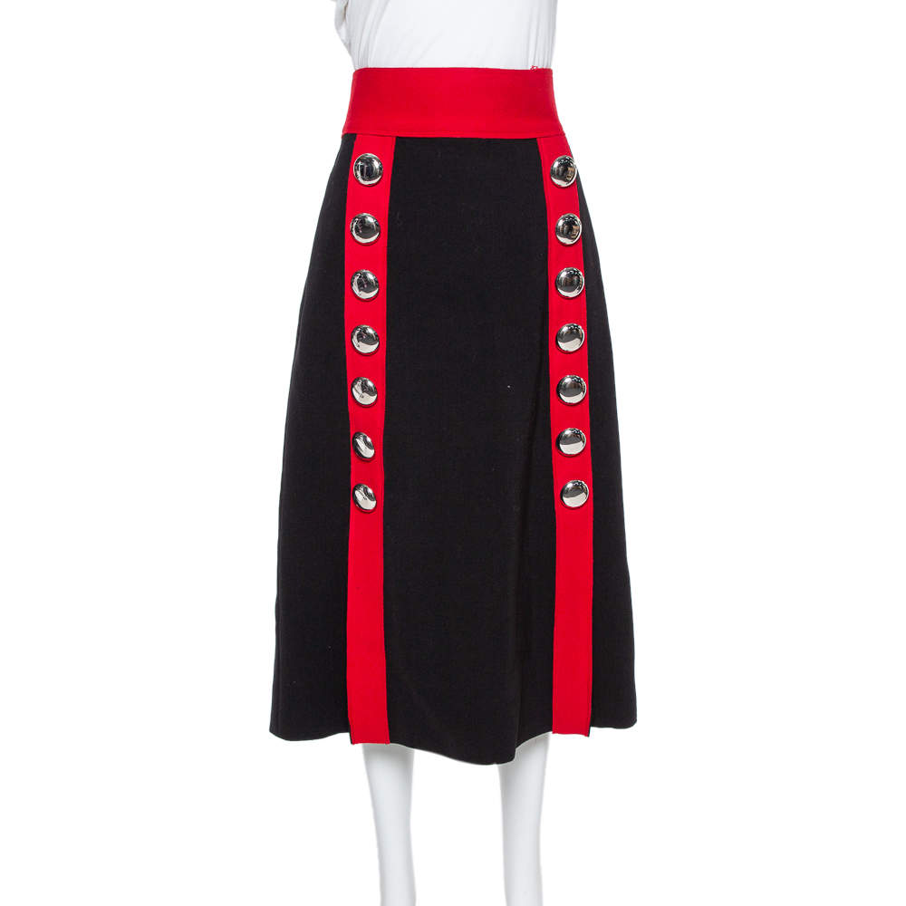 Pre Owned Dolce & Gabbana Black and Red Stretch Wool Button Detail Midi Skirt M