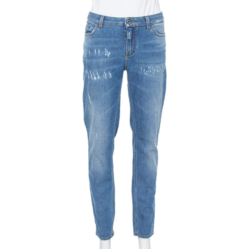 Pre Owned Dolce & Gabbana Blue Denim Faded Skinny Distressed Pretty Jeans L