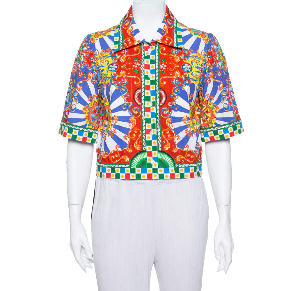 مملوكة مسبقًا Dolce & Gabbana Multicolor Carretto Siciliano Print Cotton Cropped Shirt M