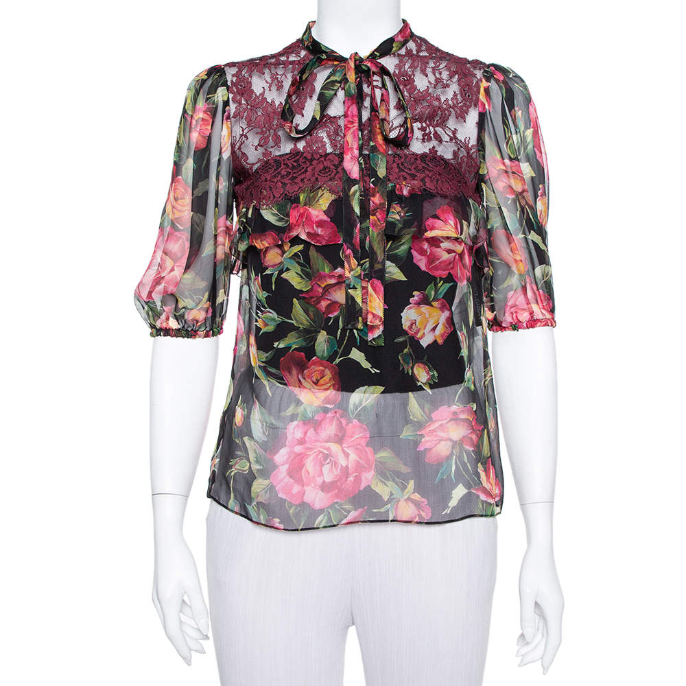 Pre Owned توب دولتشي أند غابانا حرير ودانتيل متعدد الألوان بربطة عنق شفاف مقاس صغير - سمول