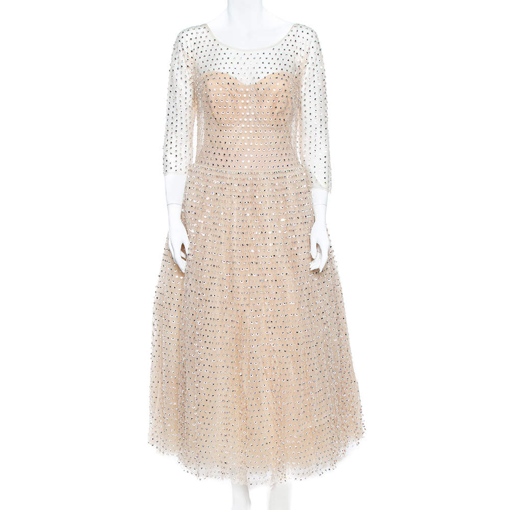 Pre Owned Dolce & Gabbana Cream Crystal Embellished Tulle Evening Gown L