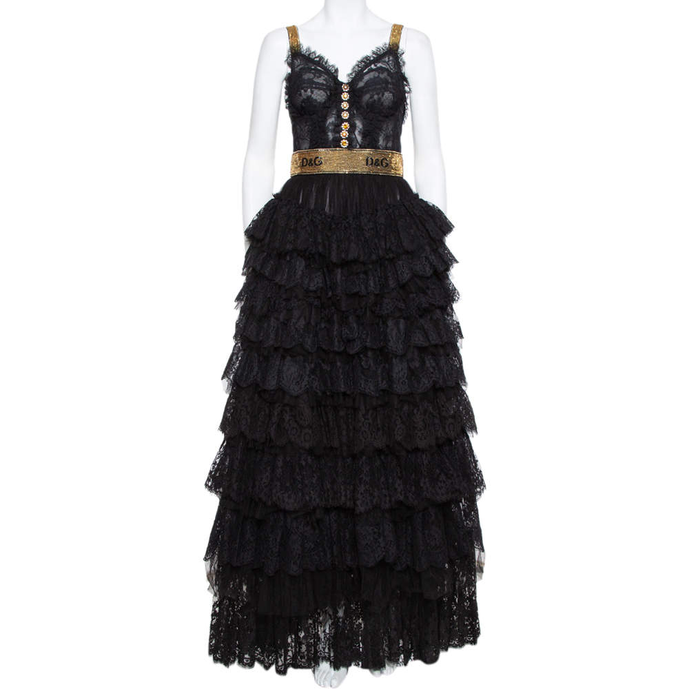 Pre Owned Dolce & Gabbana Black Floral Lace & Tulle Sequin Embellished Tiered Evening Gown S