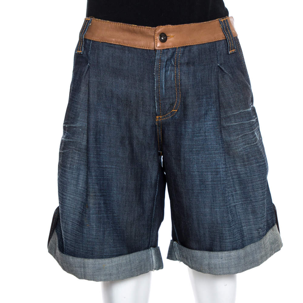 D&G Navy Blue Denim Leather Trim Detail Oversized Shorts M