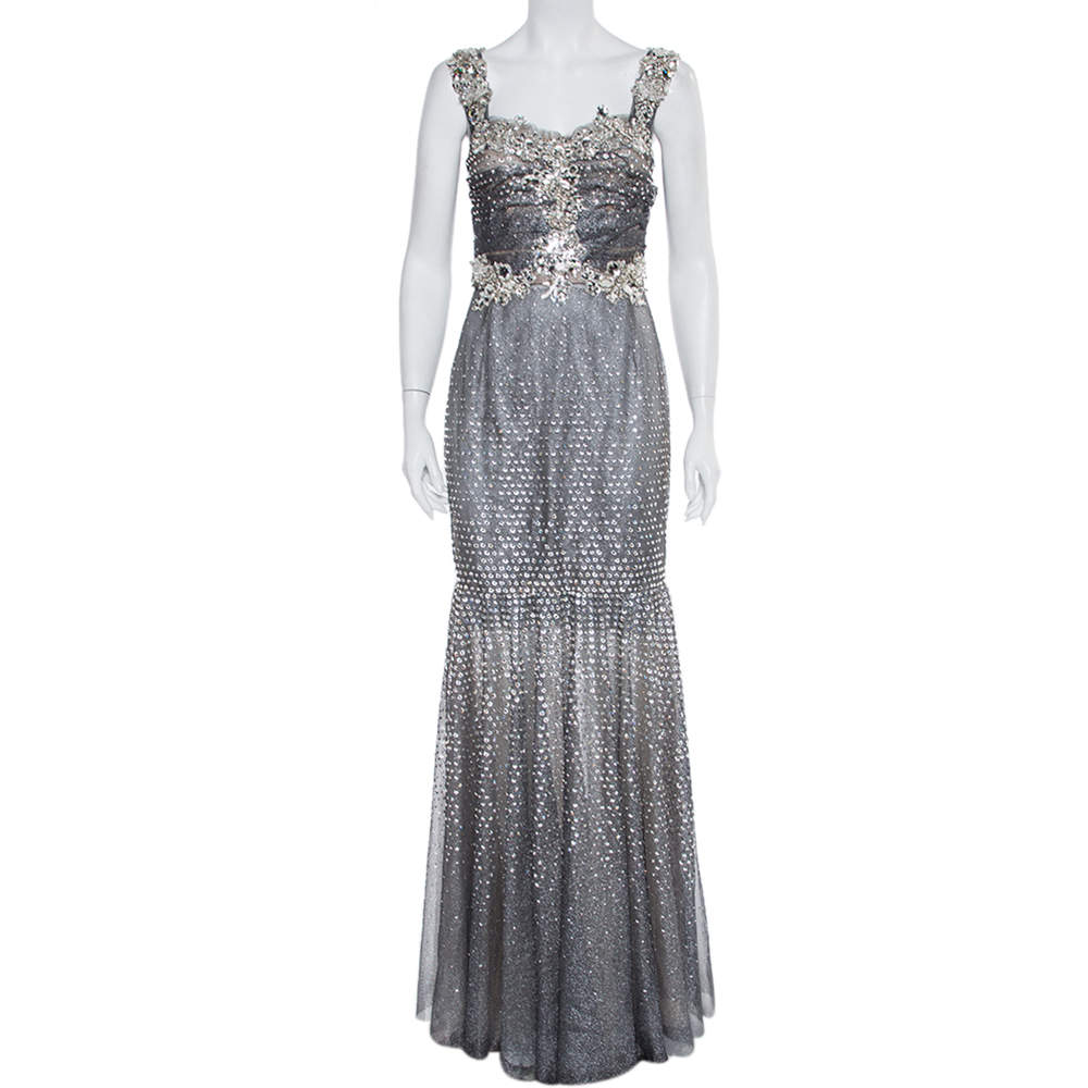 Dolce & Gabbana Silver Tulle Crystal Embellished Mermaid Evening Gown M  Dolce & Gabbana | TLC