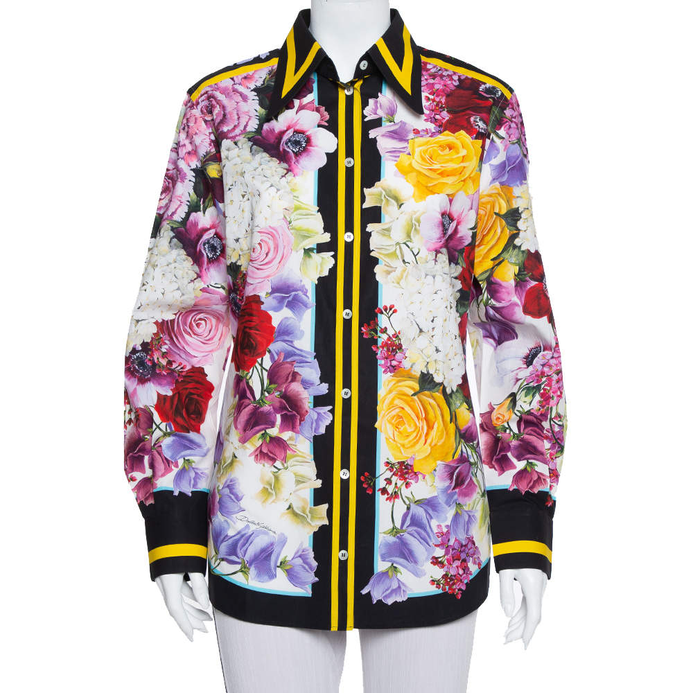 Dolce & Gabbana Multicolor Floral Printed Cotton Contrast Trim Detail Shirt M
