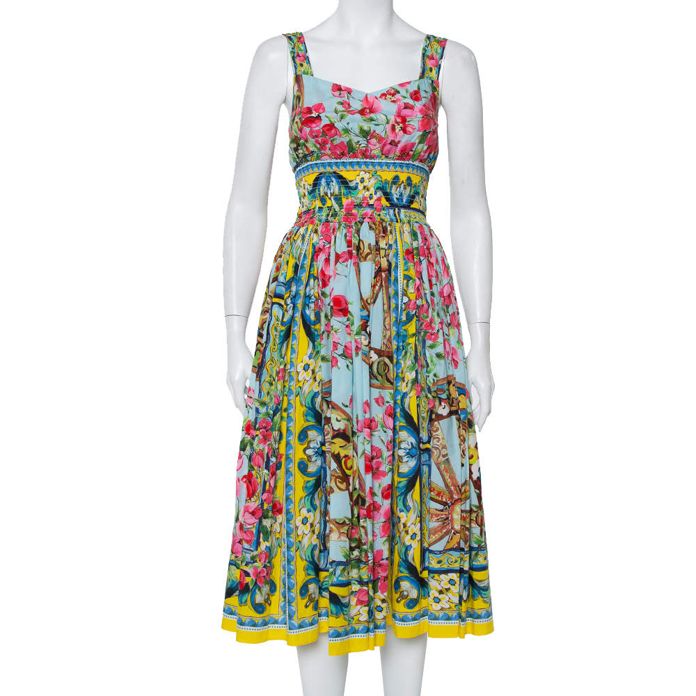 مملوكة مسبقًا Dolce & Gabbana Floral Print Smocked Waist Sleeveless Cotton Poplin Dress S