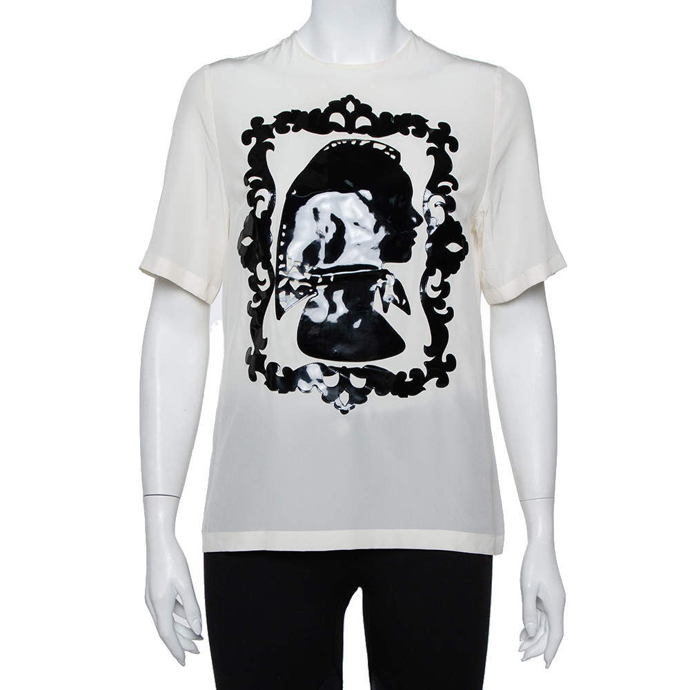 Pre Owned Dolce & Gabbana Cream Silk Silhouette Applique Detail Short Sleeve Top M
