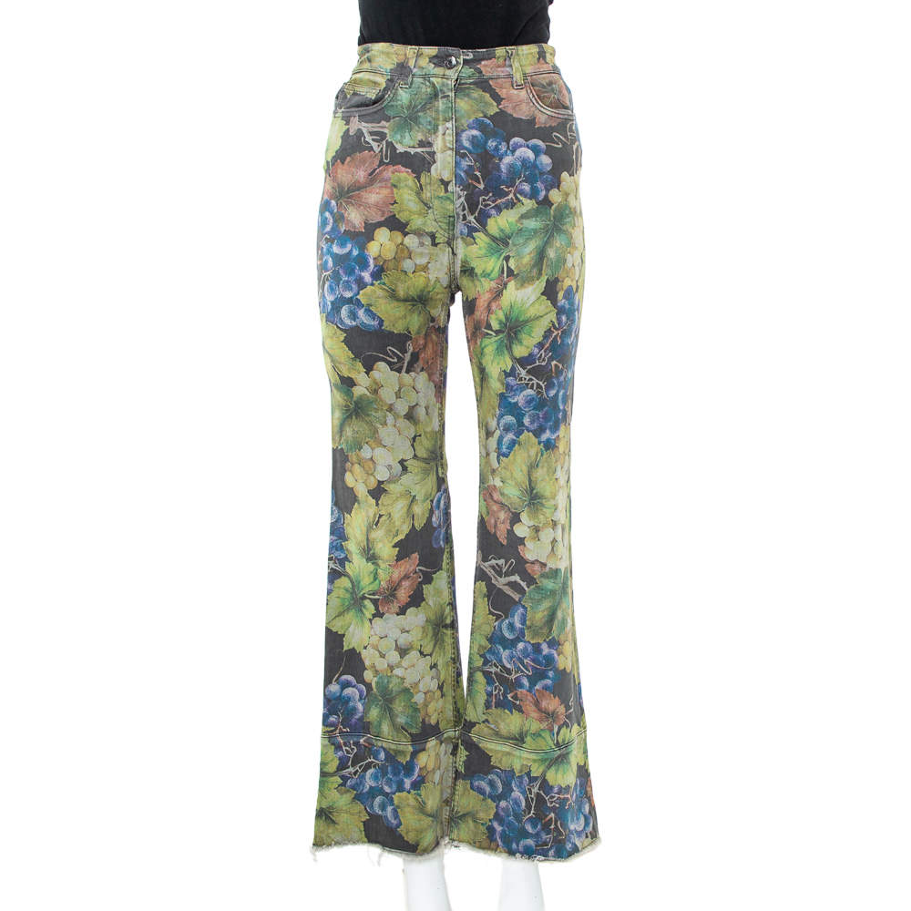 Pre Owned Dolce & Gabbana Grey Denim Grapes Printed Frayed Hem Paneled Bootcut Jeans S