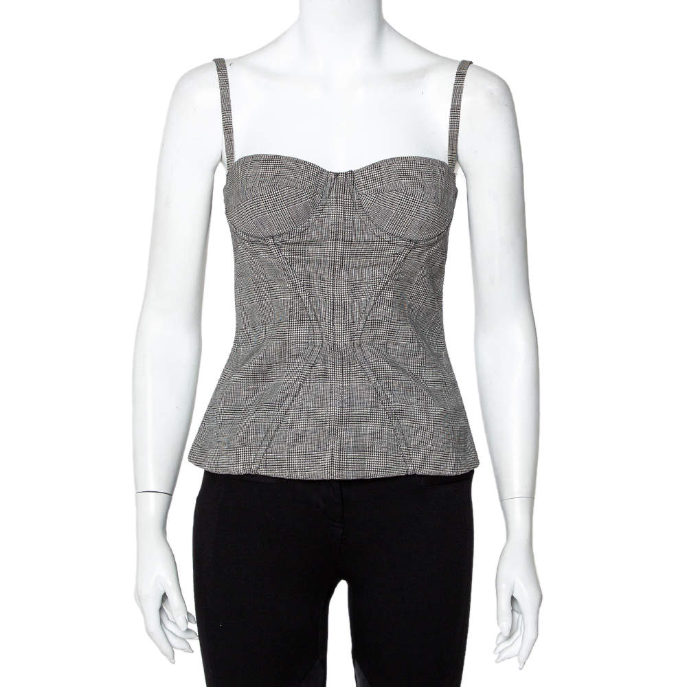 Pre Owned Dolce & Gabbana Monochrome Houndstooth Patterned Silk Corset Crop Top S