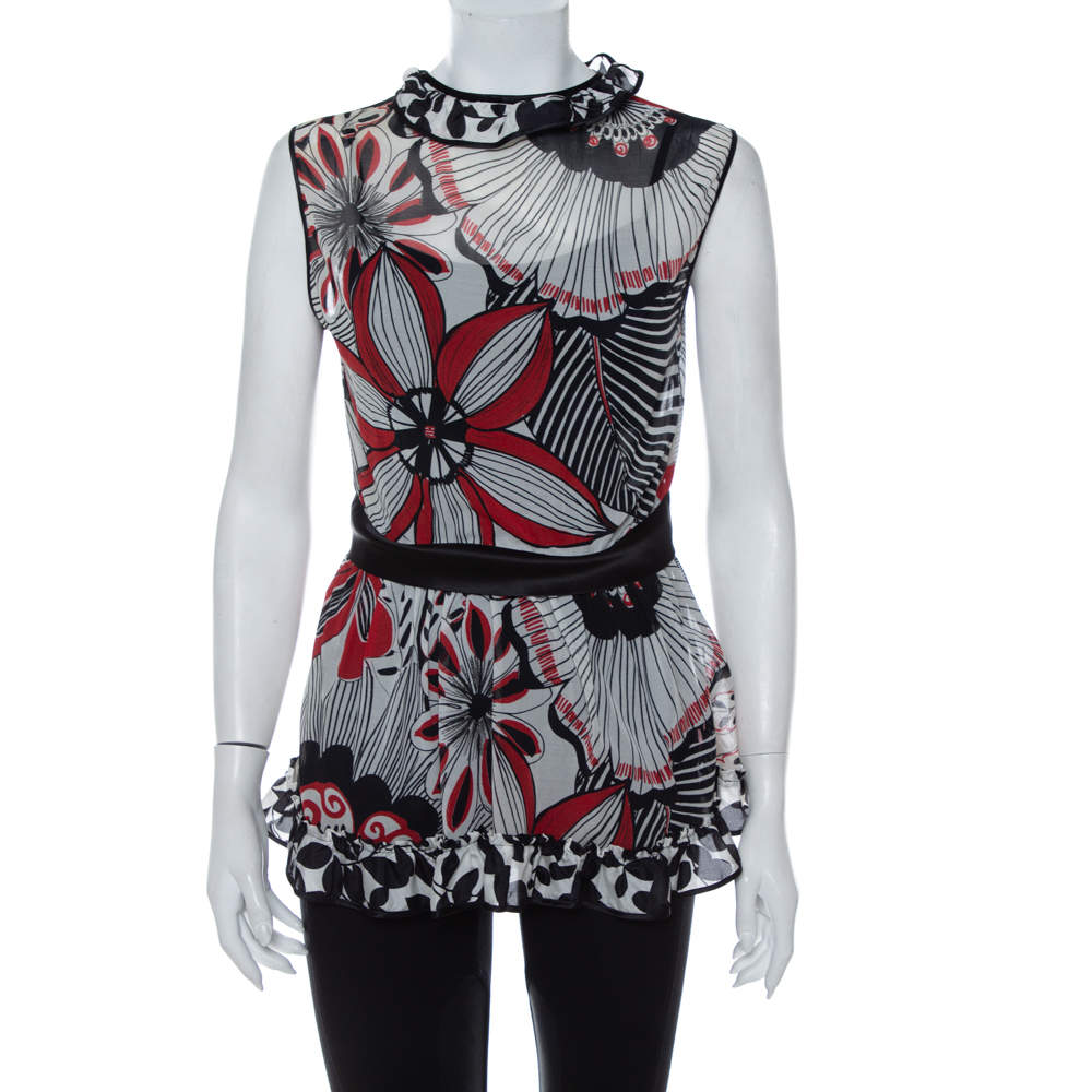 Pre Owned Dolce & Gabbana Multicolor Printed Cotton & Silk Ruffle Detail Sleeveless Top M
